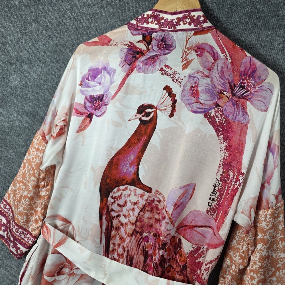 SOMA Silk Blend Kimono Robe Peacock Luxury Lounge Duster Maxi Floral Ivory Red - Picture 8 of 12